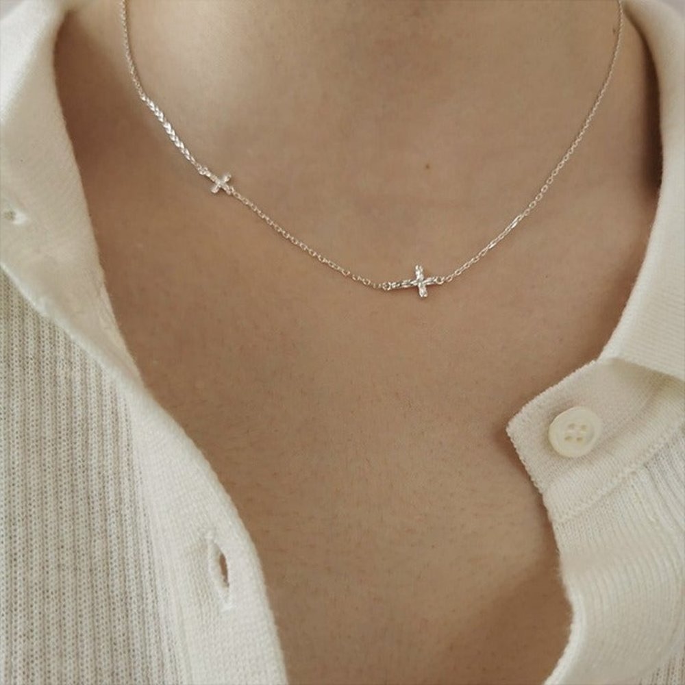 S925 Sterling Silver Double Cross Necklace